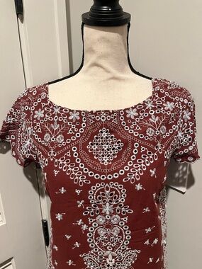 Anthropologie Burgundy Mini Dress with White Embroidery
